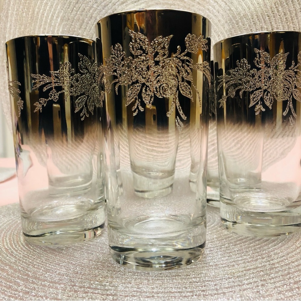 1970s Vitreon Queen’s Lustreware 6 Silver Platinum Mirror OmbreHighball Glasses - Picture 4 of 11